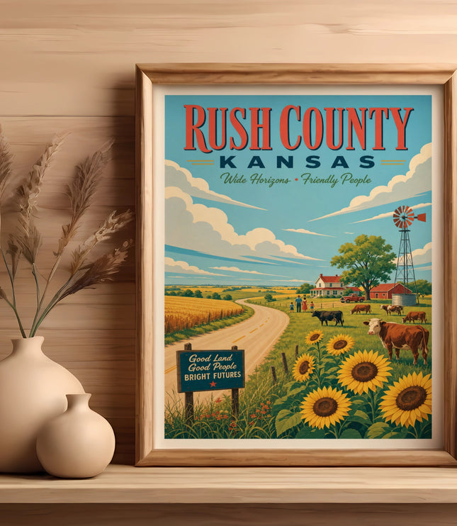 Rush County Kansas poster with farmland, sunflowers, windmill, and text.