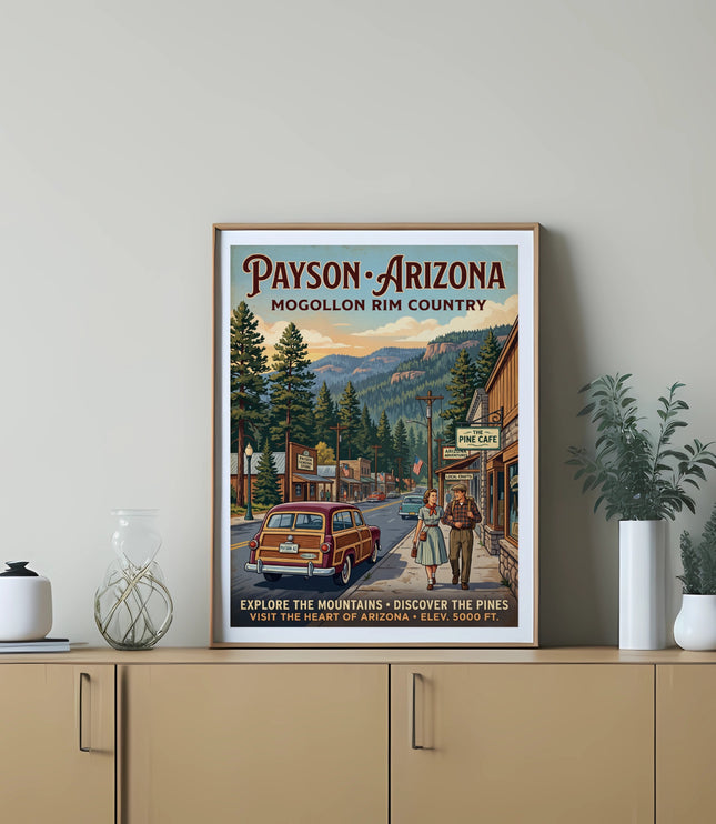 Payson, Arizona Mogollon Rim Country vintage travel poster with town and mountain scene.
