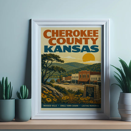 Cherokee County, Kansas vintage travel poster with town scene and mountains.