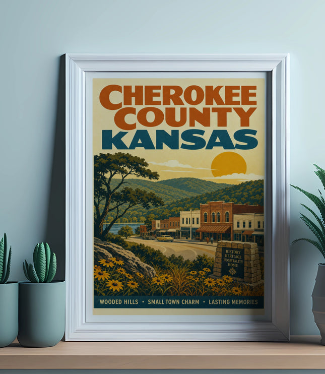 Cherokee County, Kansas vintage travel poster with town scene and mountains.