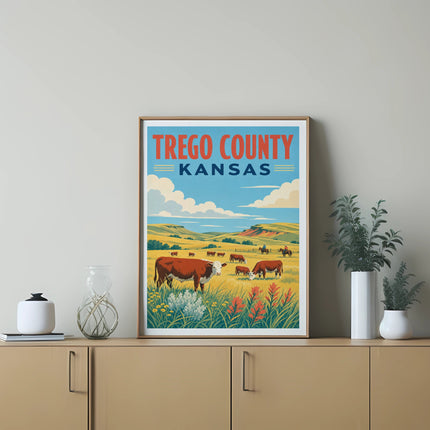Vintage poster of Trego County, Kansas, featuring cattle in a rural landscape.