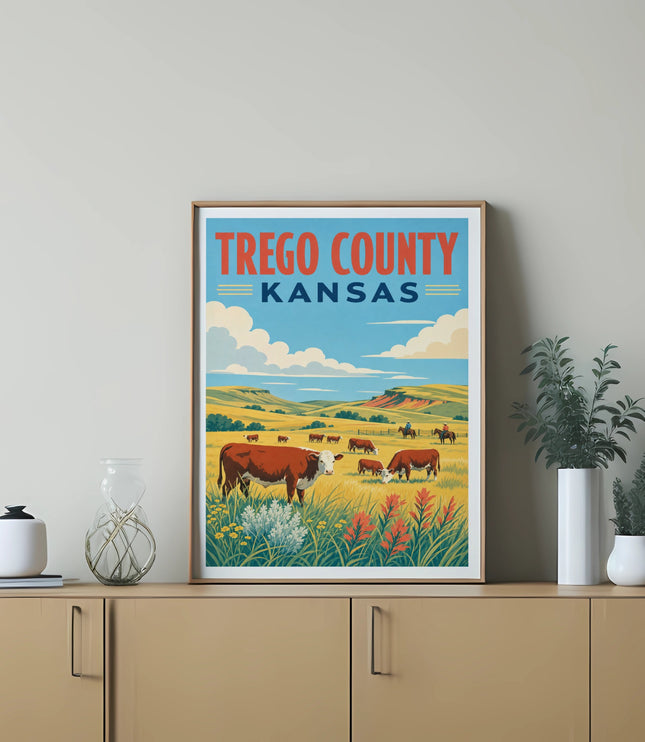 Vintage poster of Trego County, Kansas, featuring cattle in a rural landscape.