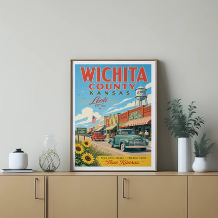 Vintage Wichita County Kansas Leoti scene with Chevrolet dealership and cafe.