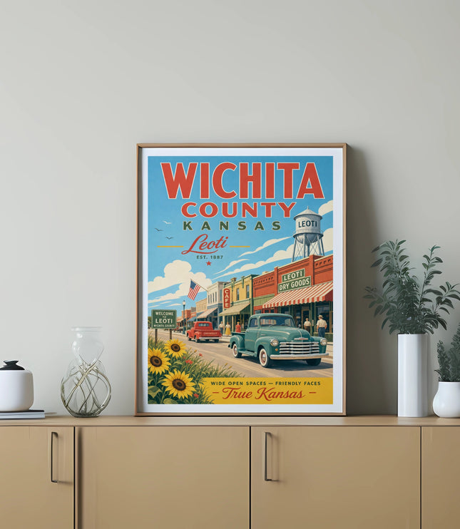 Vintage Wichita County Kansas Leoti scene with Chevrolet dealership and cafe.