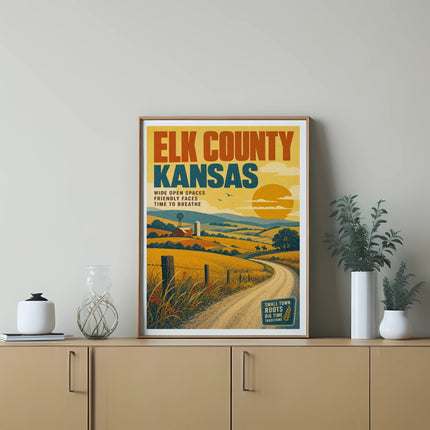 Elk County Kansas travel poster with rural landscape and text.