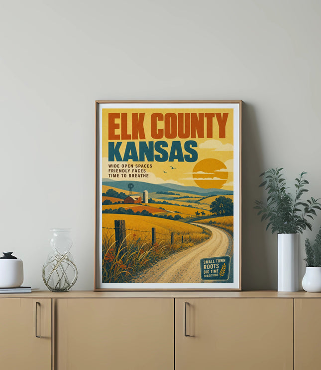 Elk County Kansas travel poster with rural landscape and text.