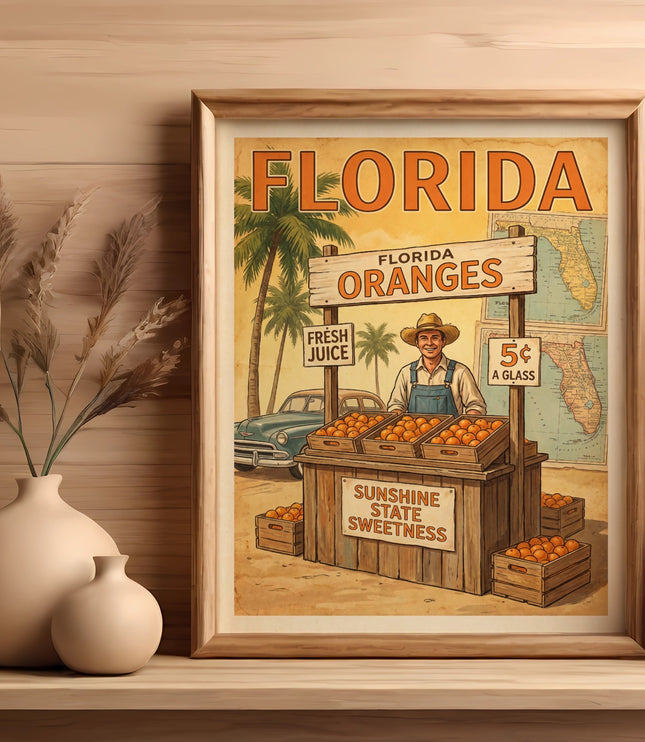 Vintage Florida oranges roadside stand art with farmer, fresh juice sign, and Florida map.