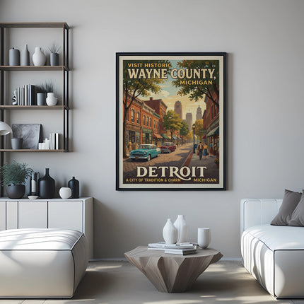 Vintage Detroit Wayne County Michigan travel poster with street scene.