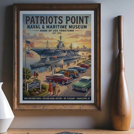 Patriots Point Naval & Maritime Museum poster featuring ships, submarines, and vintage cars.