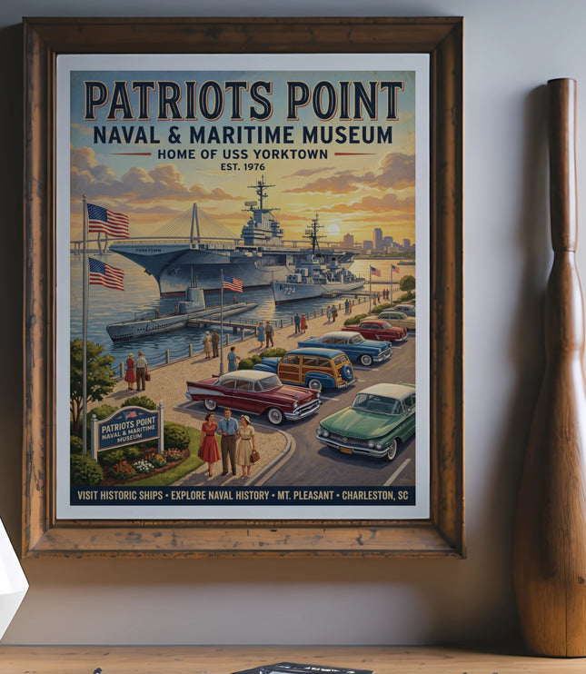 Patriots Point Naval & Maritime Museum poster featuring ships, submarines, and vintage cars.