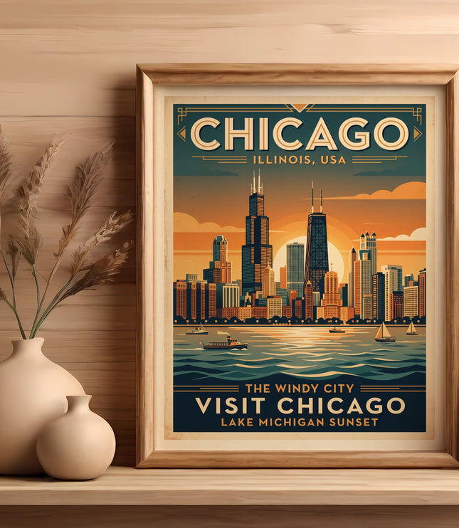 Framed vintage poster featuring Chicago skyline at sunset on Lake Michigan.