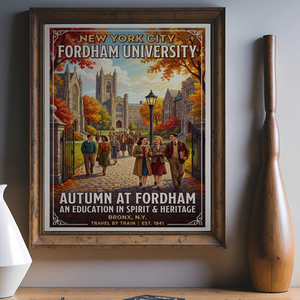 Fordham University poster featuring Hughes Hall in autumn, with people walking.