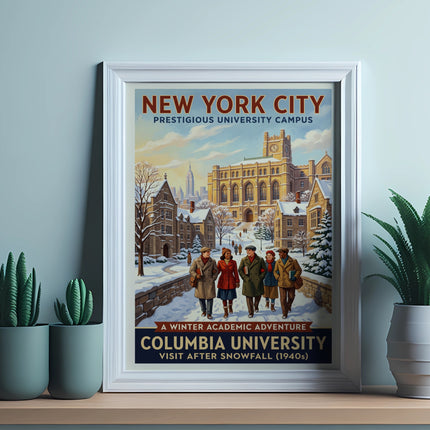 New York City poster for Columbia University campus visit after snowfall, 1940s.