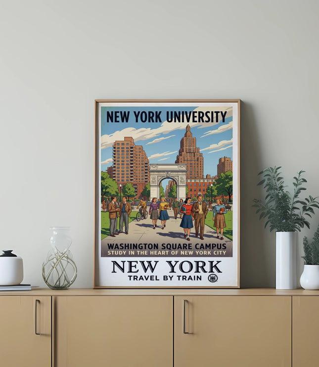 New York University Washington Square Campus travel poster with Arch and students.