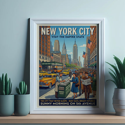 Vintage New York City poster with cars and pedestrians on Fifth Avenue.