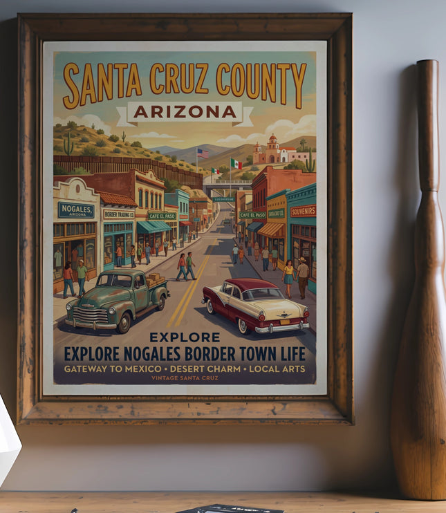 Vintage poster for Santa Cruz County, Arizona showing Nogales border town life.