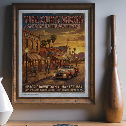 Yuma County Arizona poster: historic downtown street scene with vintage truck and buildings.
