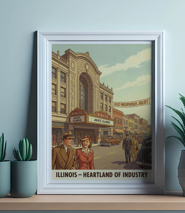 Vintage poster of Rialto Theater in Joliet, Illinois, with text "Illinois – Heartland of Industry".