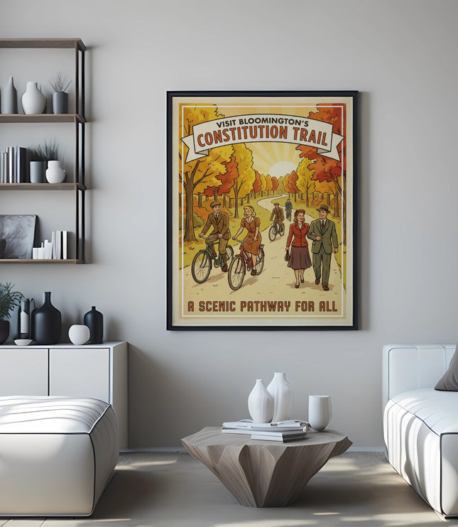 Vintage poster showing people biking and walking on a scenic pathway during autumn.