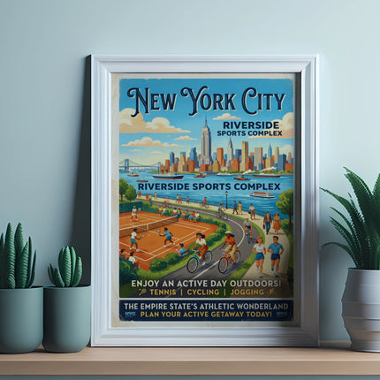 New York City Riverside Sports Complex vintage poster with text.