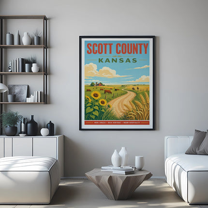 Poster for Scott County, Kansas with rural landscape and text.