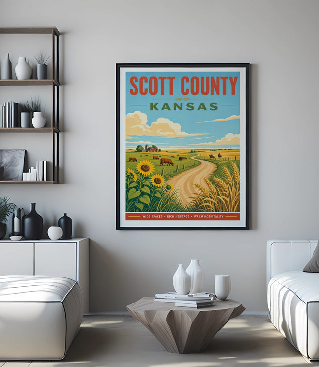 Poster for Scott County, Kansas with rural landscape and text.
