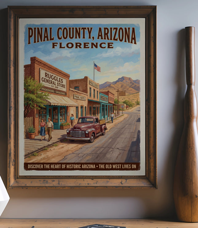 Pinal County, Arizona Florence vintage poster with Ruggles General Store and Pinal Hotel.