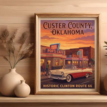 Custer County, Oklahoma Route 66 poster featuring Pop's Cafe and a classic car.