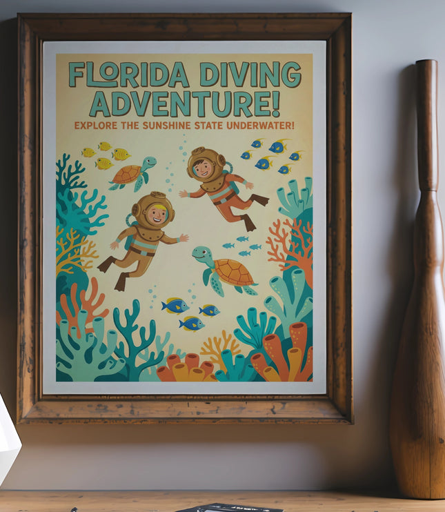 Vintage Florida Diving Adventure poster showing divers, turtles, coral, and fish.