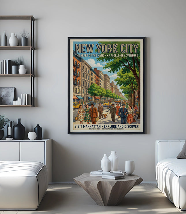 New York City travel poster with classic buildings, people, and yellow cabs.