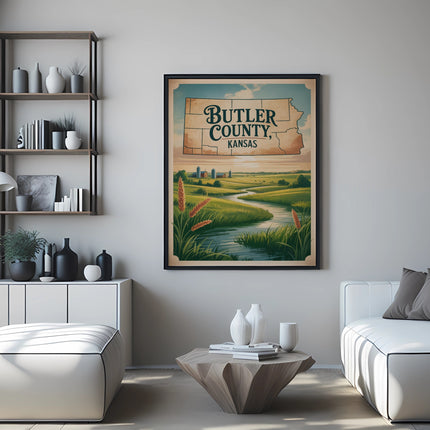 Vintage Butler County, Kansas map poster on wall above sofa and coffee table.