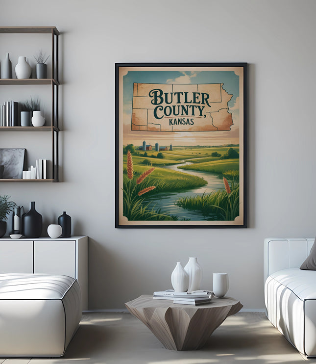 Vintage Butler County, Kansas map poster on wall above sofa and coffee table.