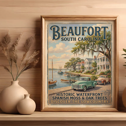 Vintage Beaufort South Carolina poster with waterfront, oak trees, and trucks.