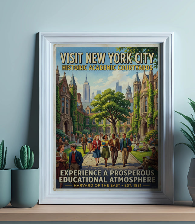 Vintage "Visit New York City" poster featuring academic courtyards and students.