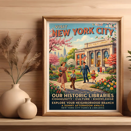 Vintage New York City poster promoting historic libraries and parks.