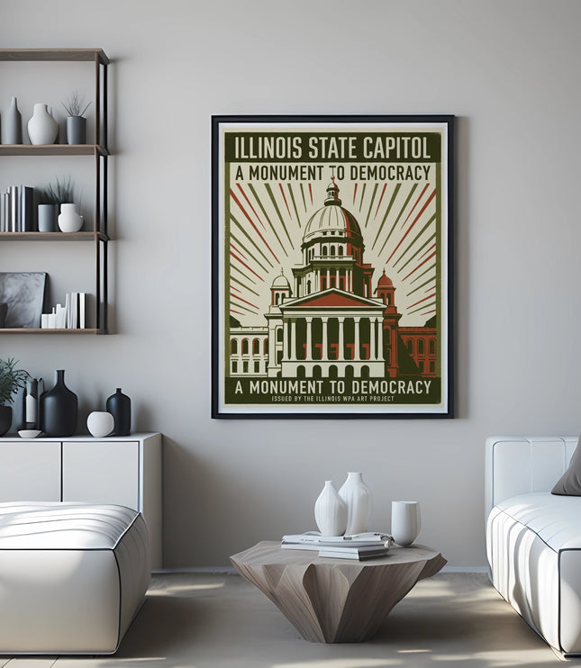 Illinois State Capitol "A Monument to Democracy" poster on a wall.