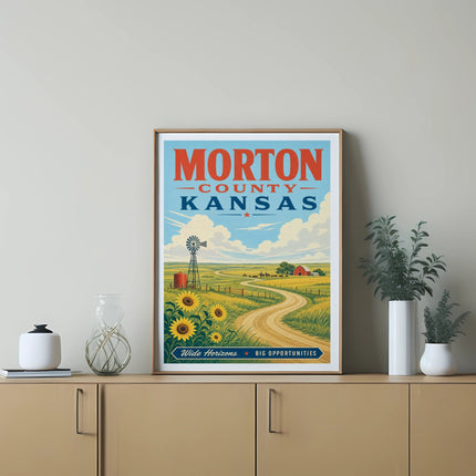 Morton County Kansas poster with sunflowers, windmill, and farm scene.