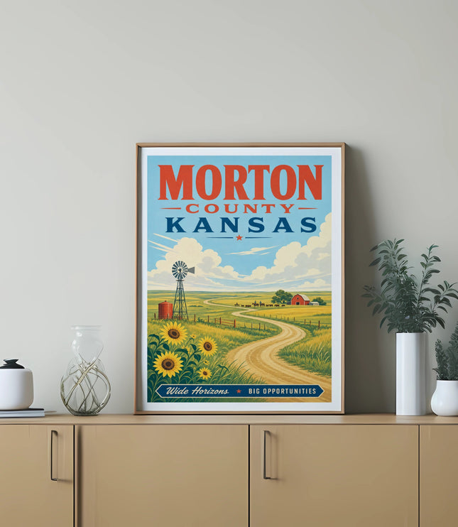 Morton County Kansas poster with sunflowers, windmill, and farm scene.