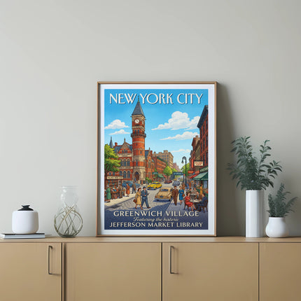New York City poster of Greenwich Village with Jefferson Market Library.