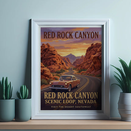 Red Rock Canyon Scenic Loop, Nevada vintage travel poster with a classic car.