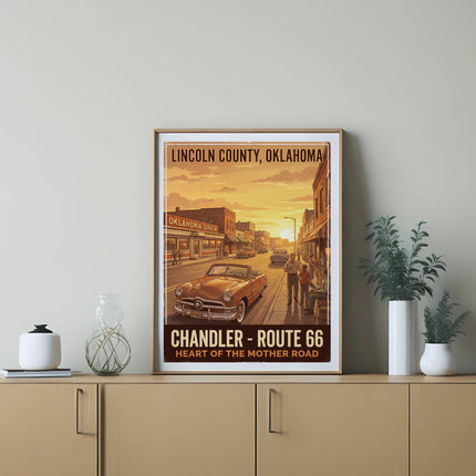 Vintage poster of Chandler, Route 66, Oklahoma with classic car and diner.