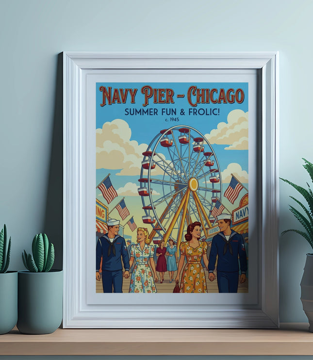 Navy Pier Chicago summer fun frolic c. 1945 poster with Ferris wheel and couples.