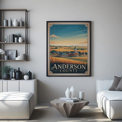 Anderson County poster with fields and buildings, framed art.