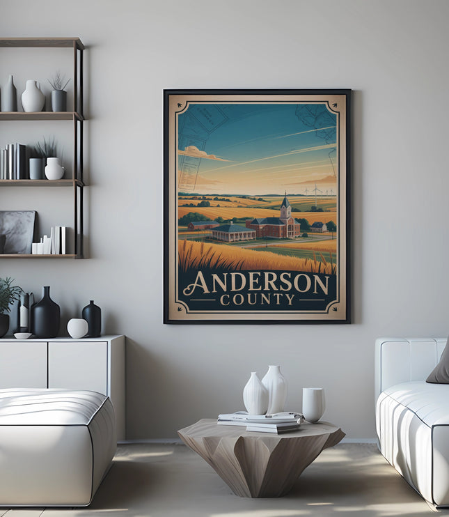 Anderson County poster with fields and buildings, framed art.
