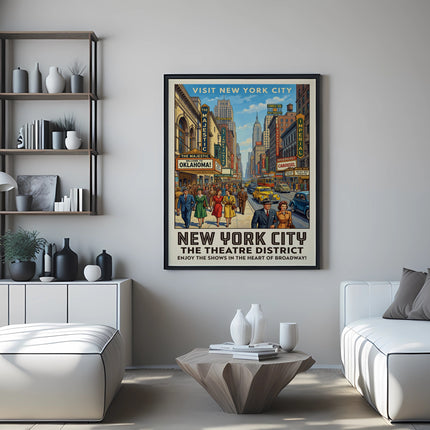 New York City Theatre District poster with Broadway show titles.