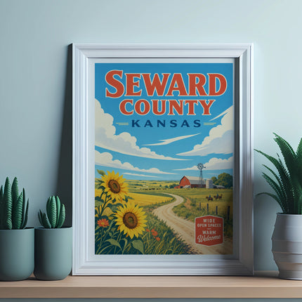 Vintage poster for Seward County, Kansas, featuring a farm scene.