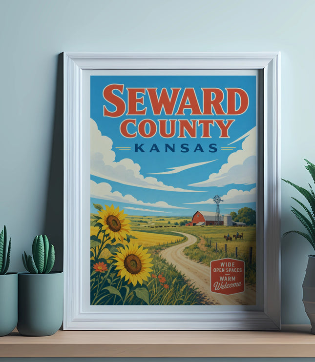 Vintage poster for Seward County, Kansas, featuring a farm scene.