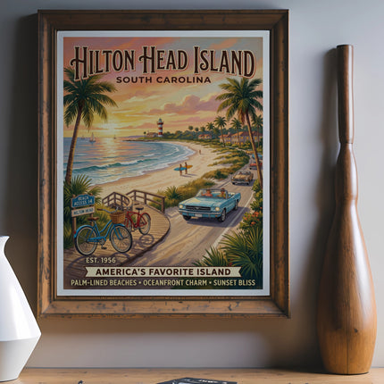 Hilton Head Island, South Carolina vintage travel poster with beach scene.