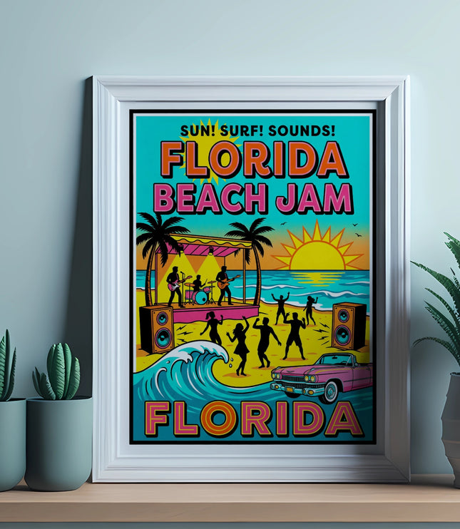 Florida Beach Jam poster with band on stage, dancers, pink car, waves, and sunset.