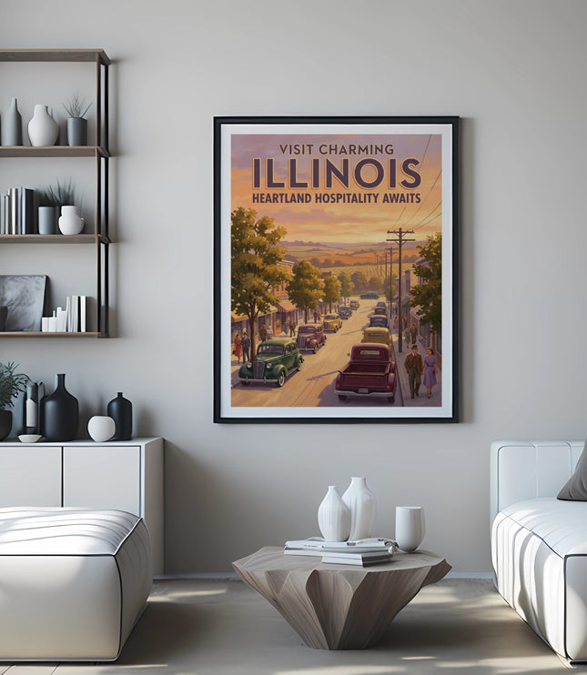 Vintage Illinois travel poster with "Visit Charming Illinois, Heartland Hospitality Awaits."